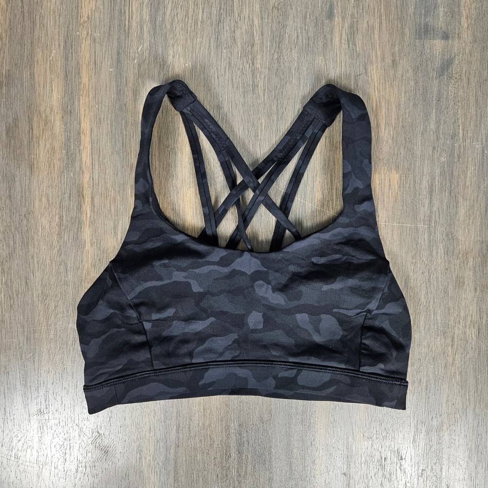 Lululemon Womens 4 Free To Be Serene Bra Strappy Yoga Sports Camo Black Luxtreme